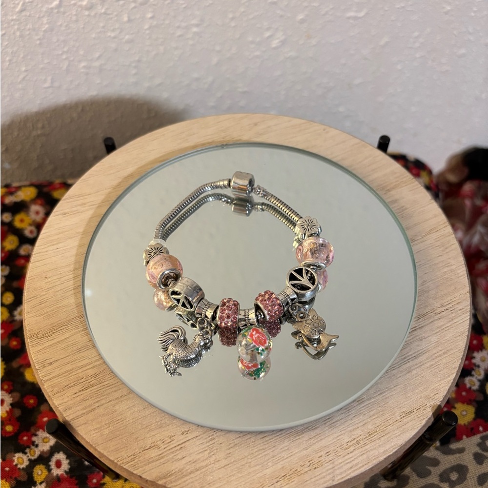 Beaded Silver and Pink Charm Bracelet